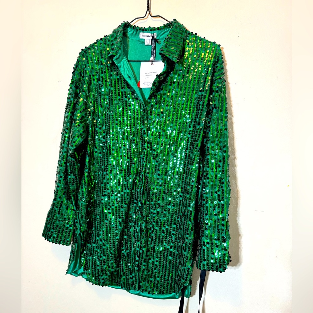 Women’s new ASOS Extro&vert size6/10 green sequin long tunic button collared top